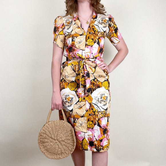 Vintage Dresses & Skirts - Vintage Floral Midi Dress Belted Puff Poof Sleeve Mid Century Modern 60's 70's
